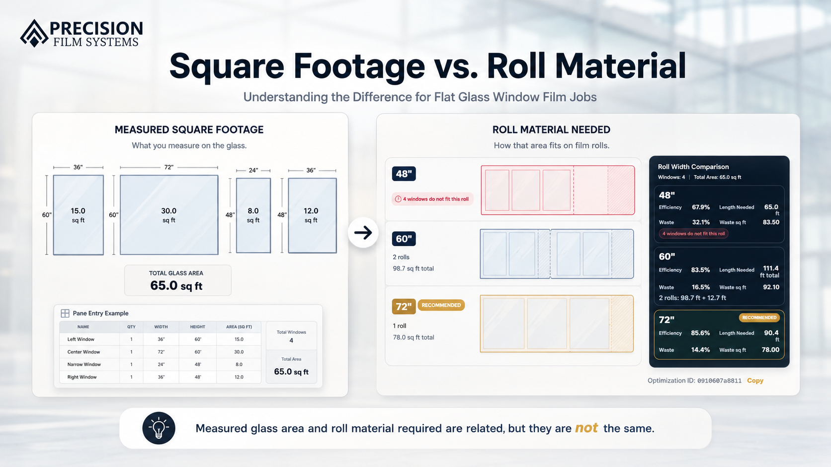 Precision Film Systems graphic comparing measured square footage with roll material needed for flat glass window film jobs