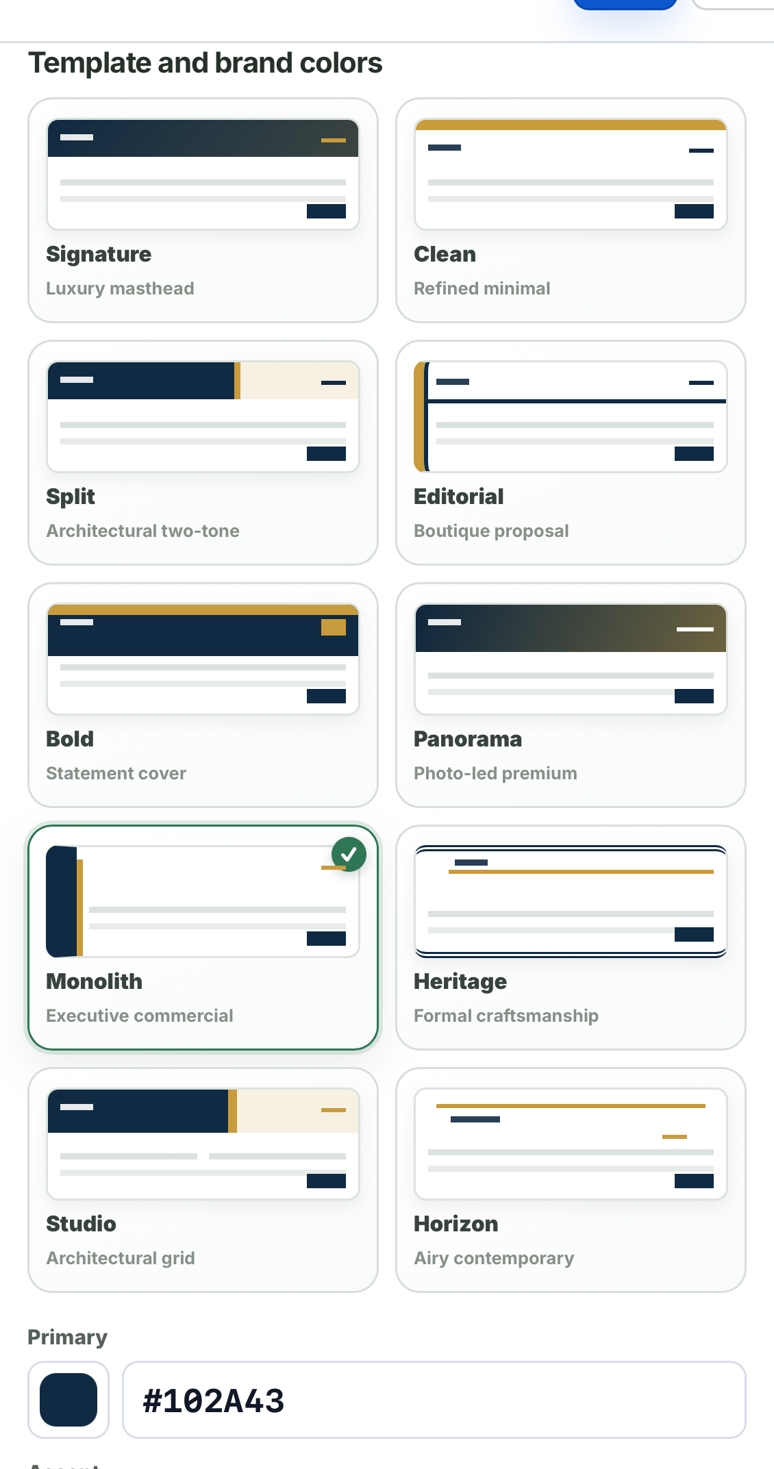Precision Film Systems estimate style selector showing 10 layouts including Signature, Clean, Split, Editorial, Bold, Panorama, Monolith, Heritage, Studio, and Horizon with brand color controls