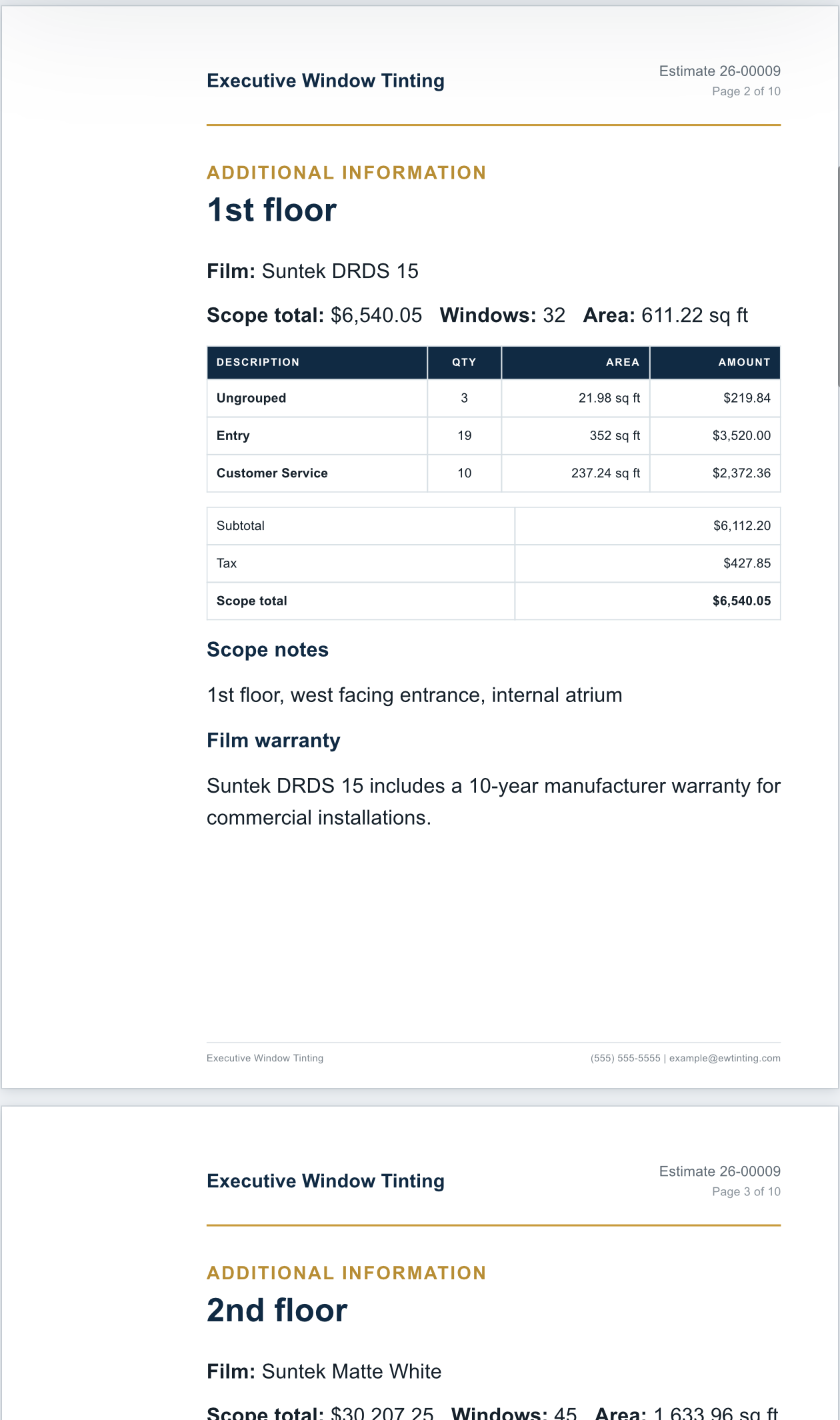 Precision Film Systems estimate preview showing separate scope detail pages with film, scope total, window count, area, group pricing, scope notes, and film warranty