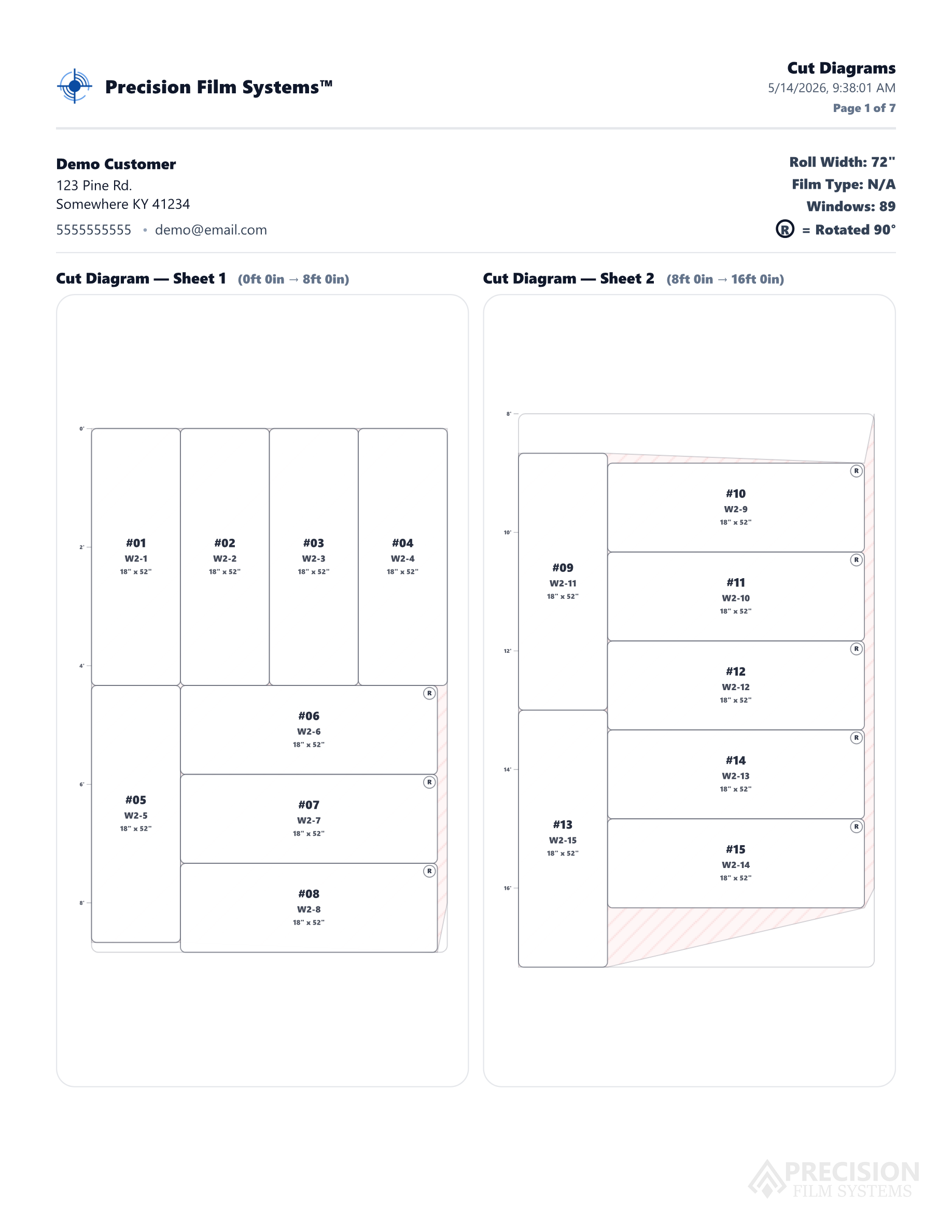 Precision Film Systems cut diagram report showing two roll-width layout sheets for a sample customer